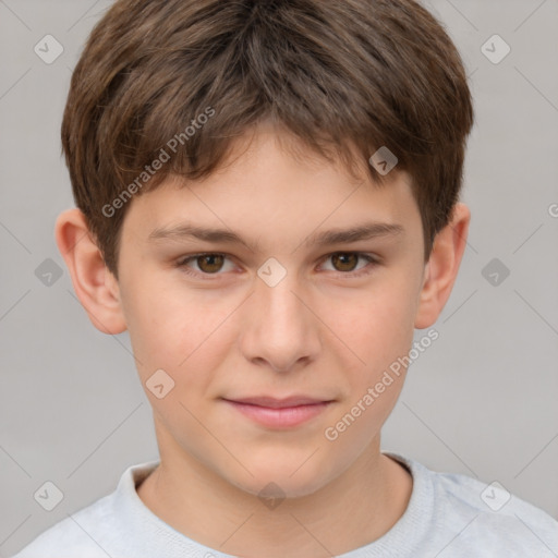 Joyful white child male with short  brown hair and brown eyes