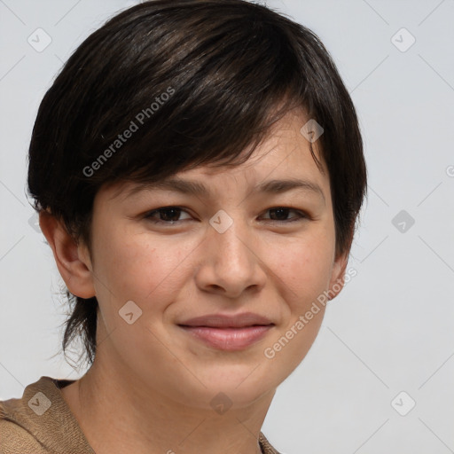 Joyful white young-adult female with medium  brown hair and brown eyes