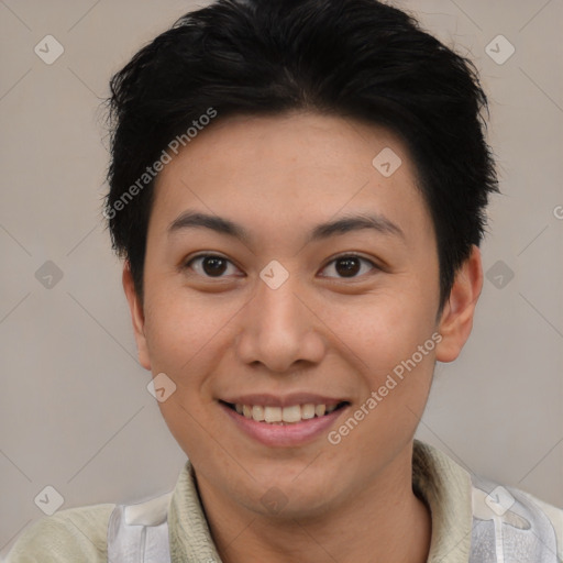 Joyful asian young-adult female with short  brown hair and brown eyes