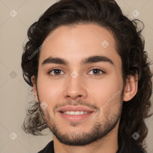 Joyful white young-adult male with medium  brown hair and brown eyes