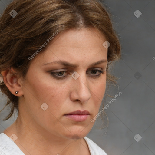 Neutral white adult female with medium  brown hair and brown eyes