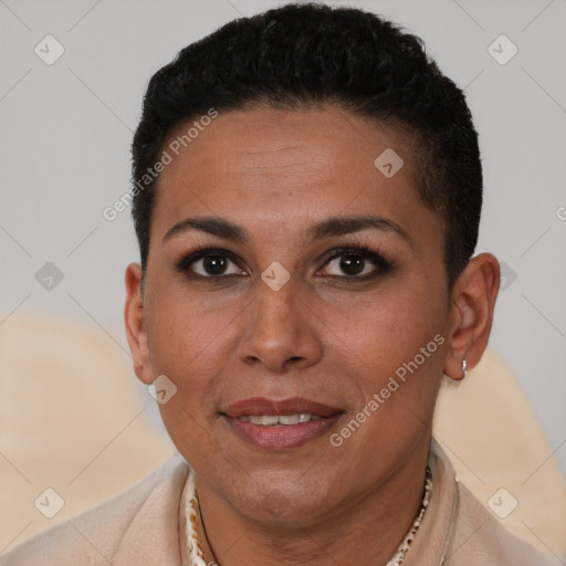 Joyful latino young-adult female with short  brown hair and brown eyes