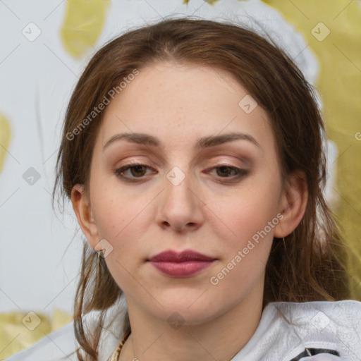 Neutral white young-adult female with medium  brown hair and brown eyes