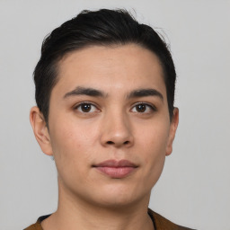 Neutral asian young-adult male with short  brown hair and brown eyes