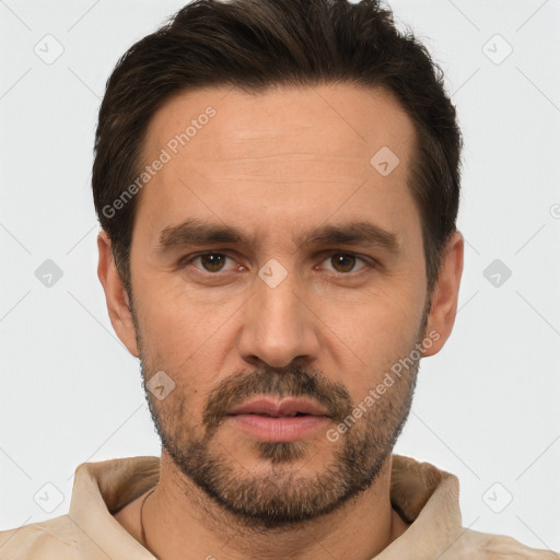 Neutral white adult male with short  black hair and brown eyes