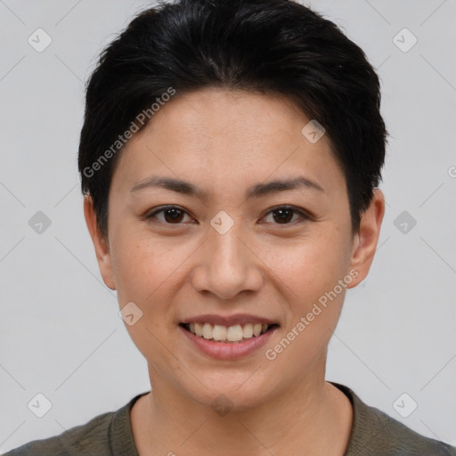 Joyful asian young-adult female with short  brown hair and brown eyes