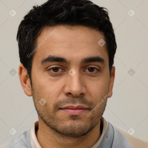 Neutral white young-adult male with short  black hair and brown eyes