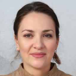 Joyful white adult female with medium  brown hair and brown eyes