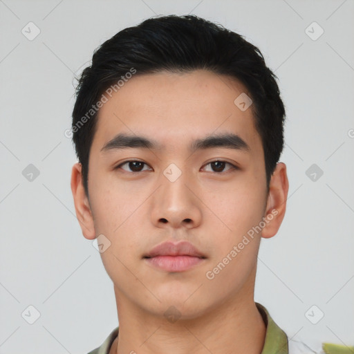 Neutral asian young-adult male with short  black hair and brown eyes