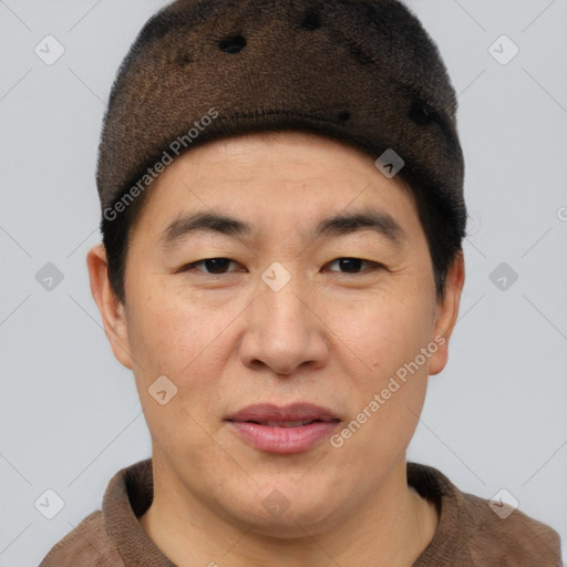 Joyful asian adult male with short  brown hair and brown eyes