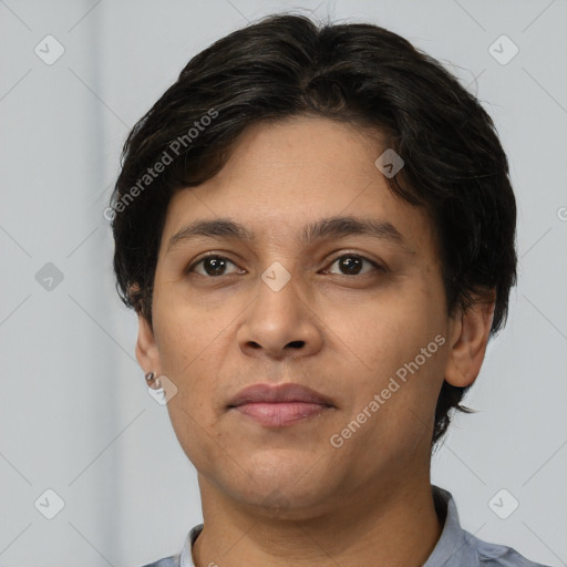 Neutral white young-adult female with short  brown hair and brown eyes