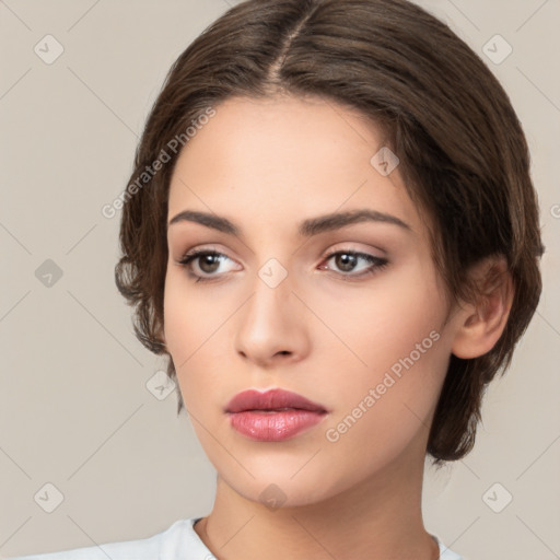 Neutral white young-adult female with medium  brown hair and brown eyes