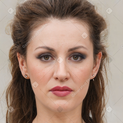 Joyful white young-adult female with long  brown hair and grey eyes