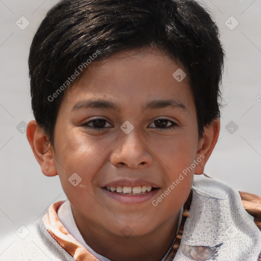 Joyful white child female with short  brown hair and brown eyes