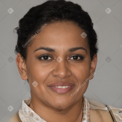 Joyful latino young-adult female with short  brown hair and brown eyes