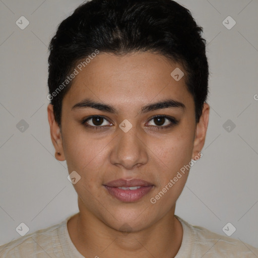 Joyful latino young-adult female with short  brown hair and brown eyes