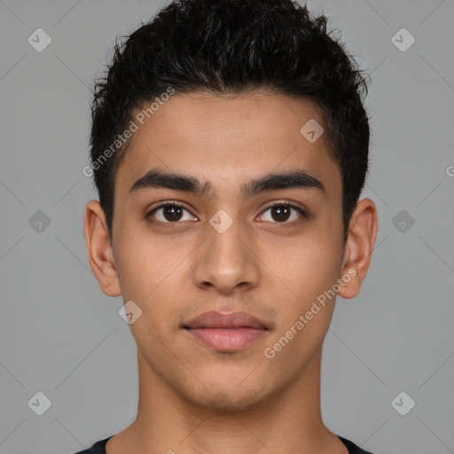 Neutral latino young-adult male with short  black hair and brown eyes