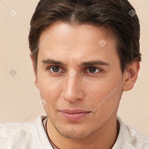 Joyful white young-adult male with short  brown hair and brown eyes