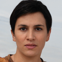 Neutral white young-adult female with short  brown hair and brown eyes