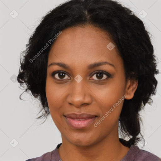 Joyful black young-adult female with medium  black hair and brown eyes