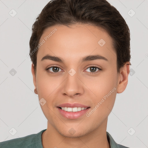 Joyful white young-adult female with short  brown hair and brown eyes