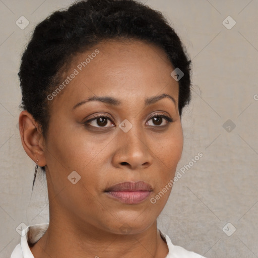 Neutral black young-adult female with short  brown hair and brown eyes