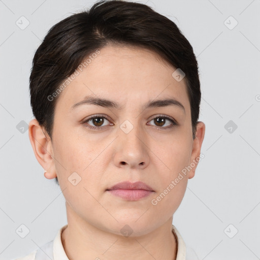 Neutral white young-adult female with short  brown hair and brown eyes