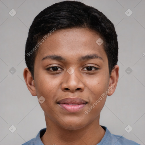 Joyful asian young-adult female with short  black hair and brown eyes