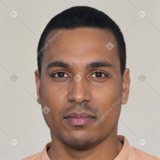 Neutral black young-adult male with short  black hair and brown eyes