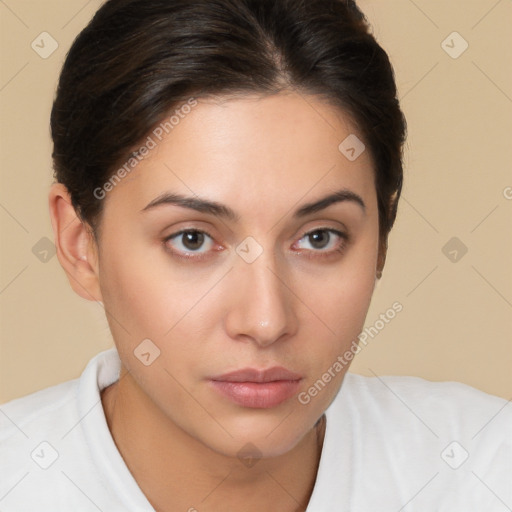 Neutral white young-adult female with short  brown hair and brown eyes