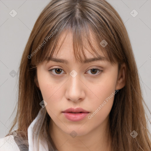 Neutral white young-adult female with medium  brown hair and brown eyes