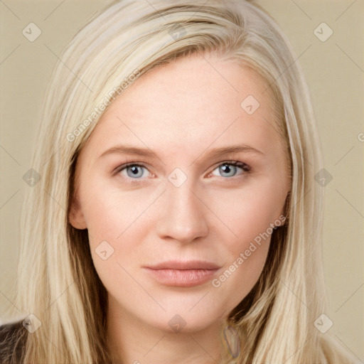 Neutral white young-adult female with long  brown hair and grey eyes