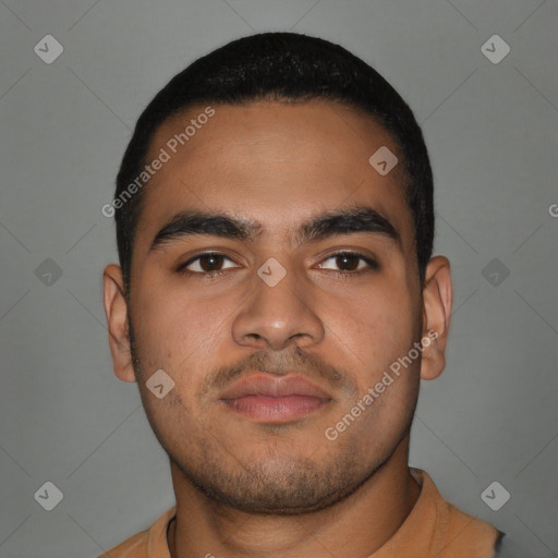 Neutral latino young-adult male with short  brown hair and brown eyes