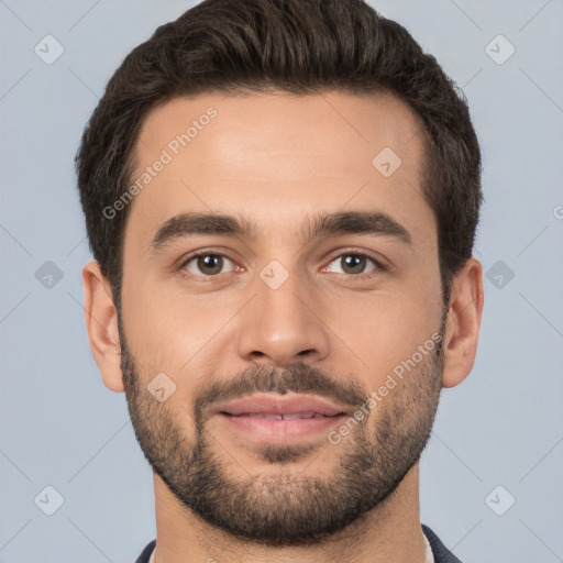 Joyful white young-adult male with short  brown hair and brown eyes