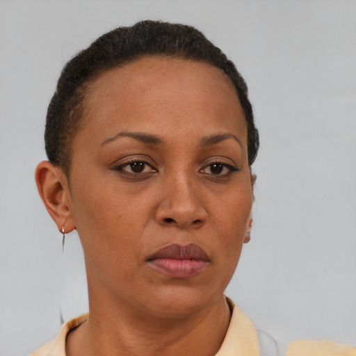 Neutral black adult female with short  brown hair and brown eyes
