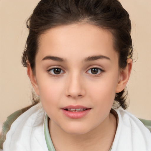 Joyful white child female with medium  brown hair and brown eyes