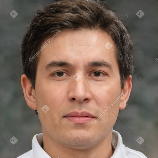 Neutral white adult male with short  brown hair and brown eyes