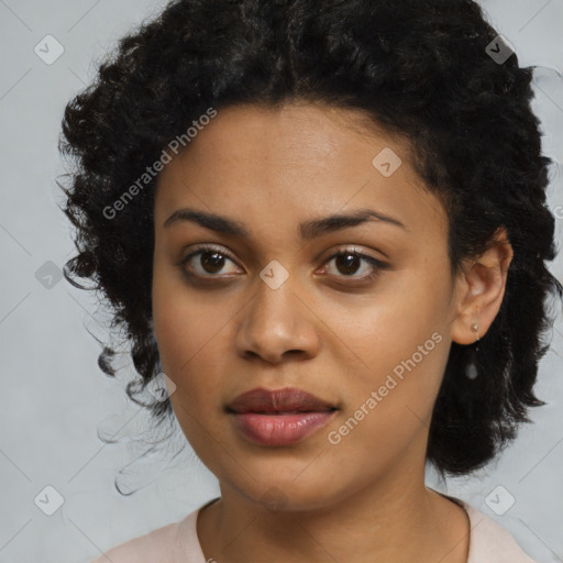 Joyful latino young-adult female with medium  black hair and brown eyes