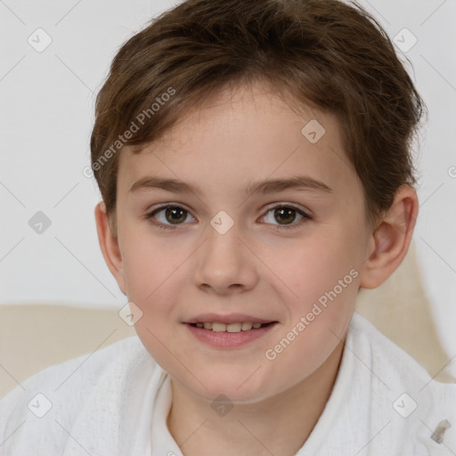 Joyful white child female with short  brown hair and brown eyes