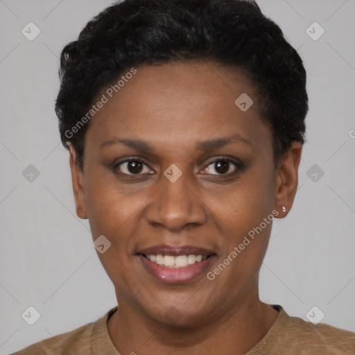 Joyful black adult female with short  black hair and brown eyes