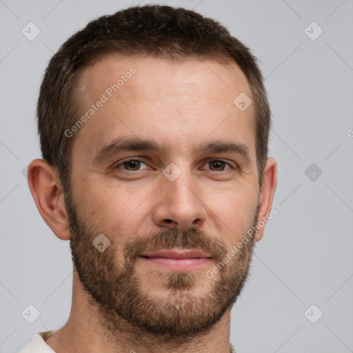 Neutral white young-adult male with short  brown hair and brown eyes