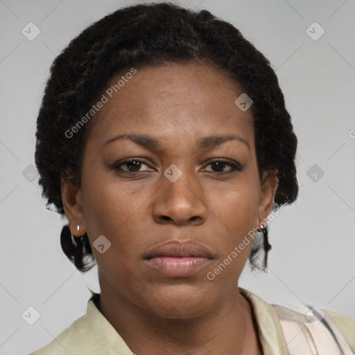 Neutral black young-adult female with short  brown hair and brown eyes