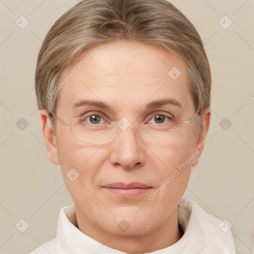 Joyful white adult female with short  brown hair and grey eyes