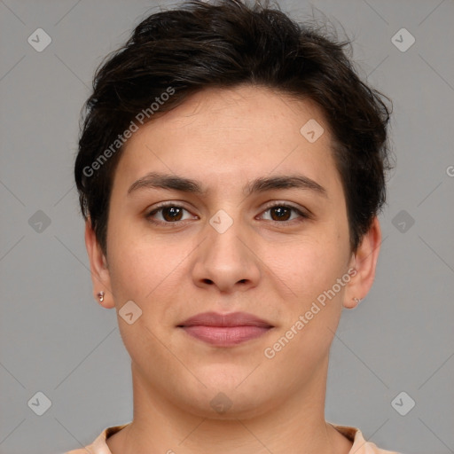 Joyful white young-adult female with short  brown hair and brown eyes