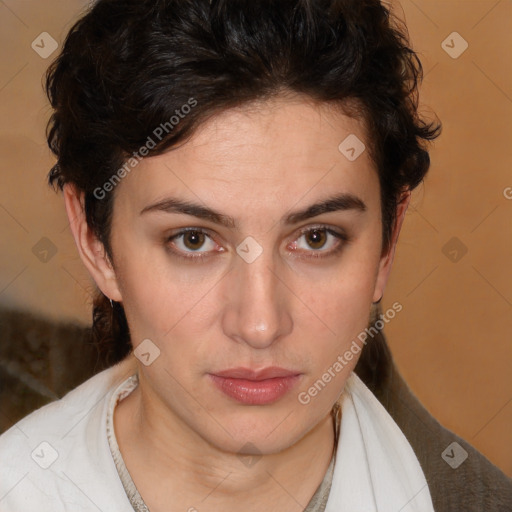 Neutral white young-adult female with medium  brown hair and brown eyes