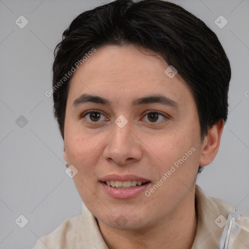 Joyful white young-adult female with short  brown hair and brown eyes