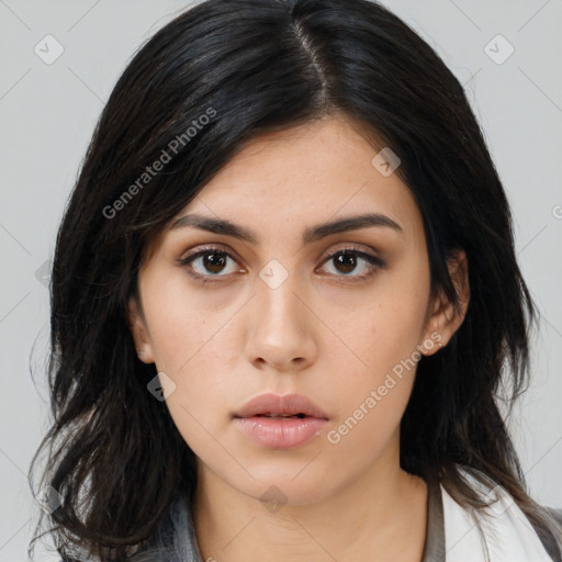 Neutral asian young-adult female with medium  black hair and brown eyes