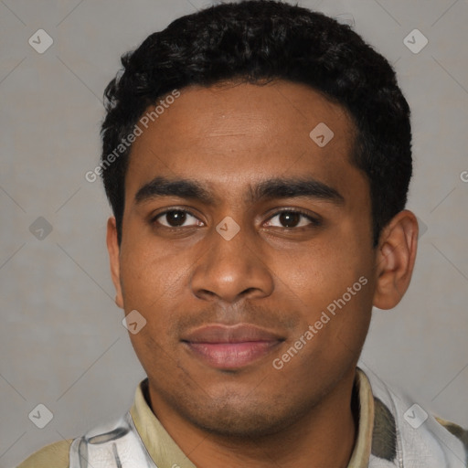 Joyful latino young-adult male with short  black hair and brown eyes