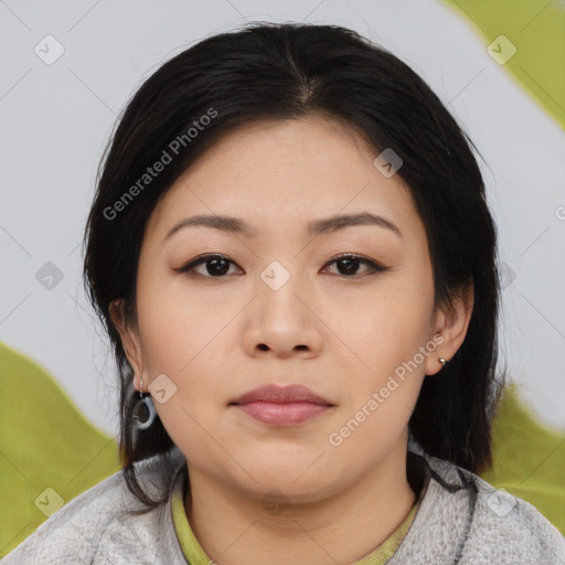 Neutral asian young-adult female with medium  black hair and brown eyes