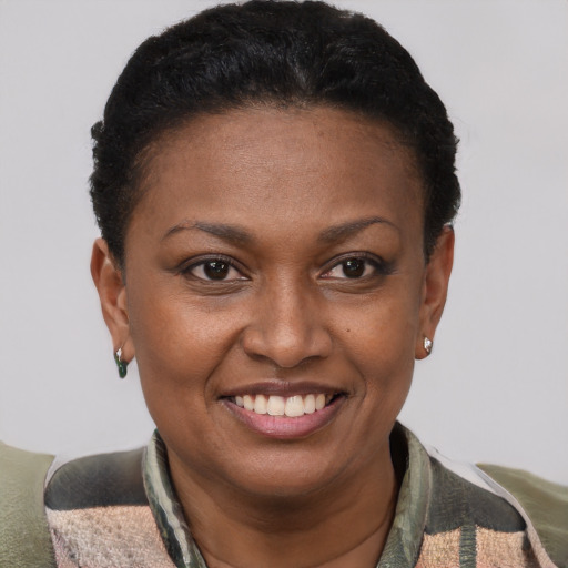 Joyful black young-adult female with short  brown hair and brown eyes